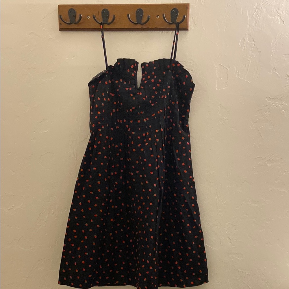 Madewell strawberry print smocked bodice black dress XS